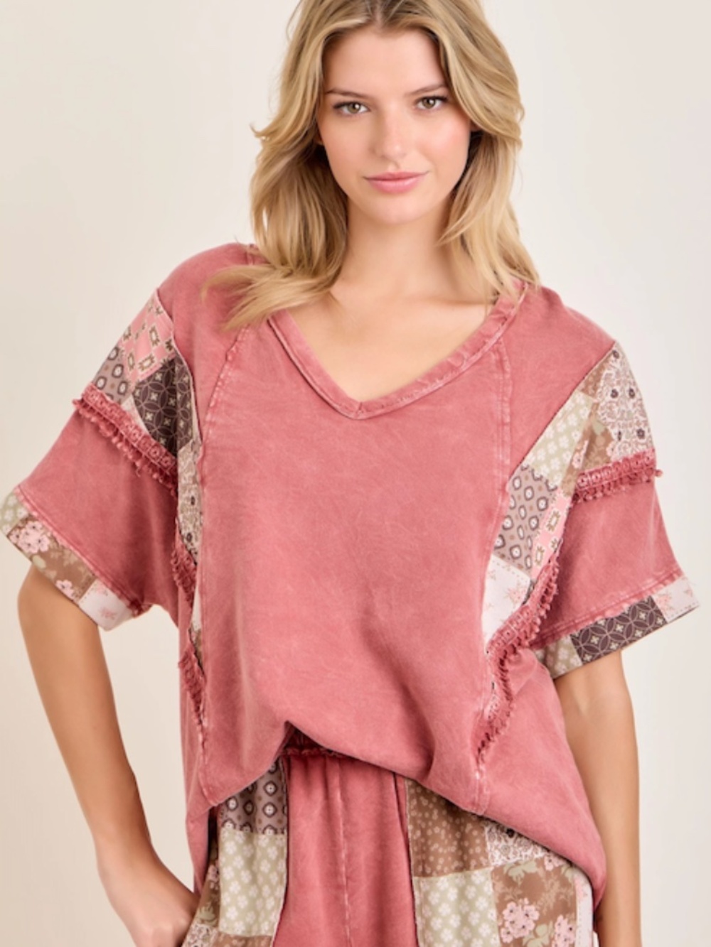 "The Terra" TOP Terracotta Mineral Wash Patchwork Tassel V neck Top